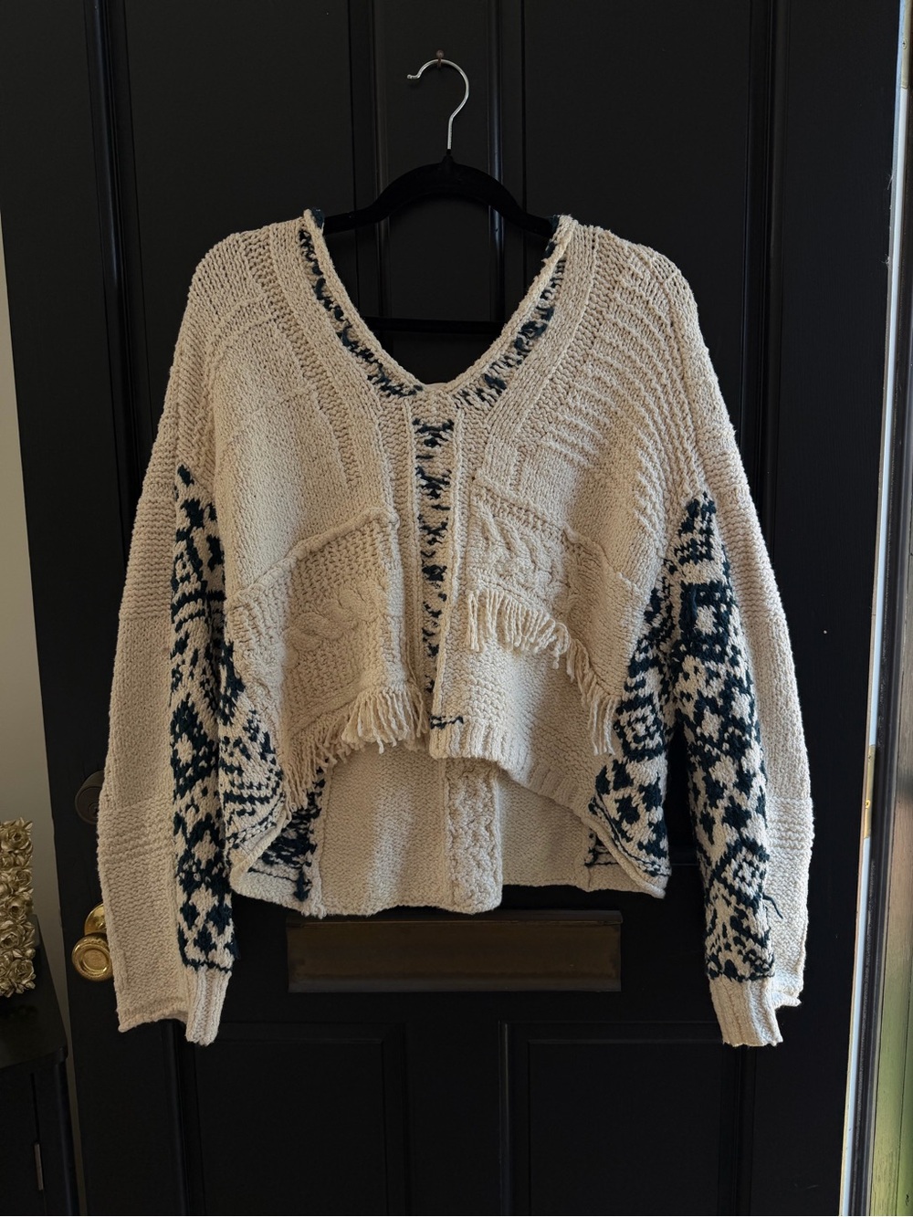 Free People Cream Cardigan with Navy Fair Isle Sleeves